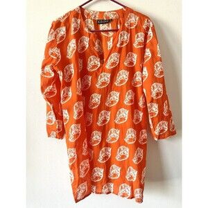 KikiSol Orange Conch Shell Print Cotton Tunic Dress Cover Up L Made in India
